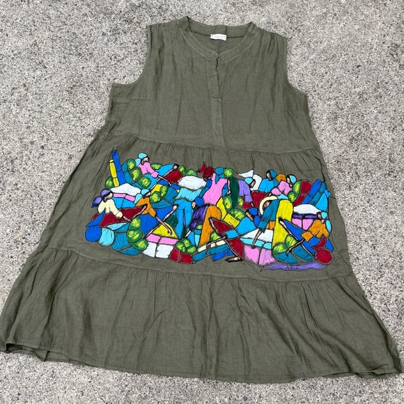 Bellambra Dresses & Skirts - Bellambra Olive Green Linen Dress – Hand-Painted Art Panel – Size XL